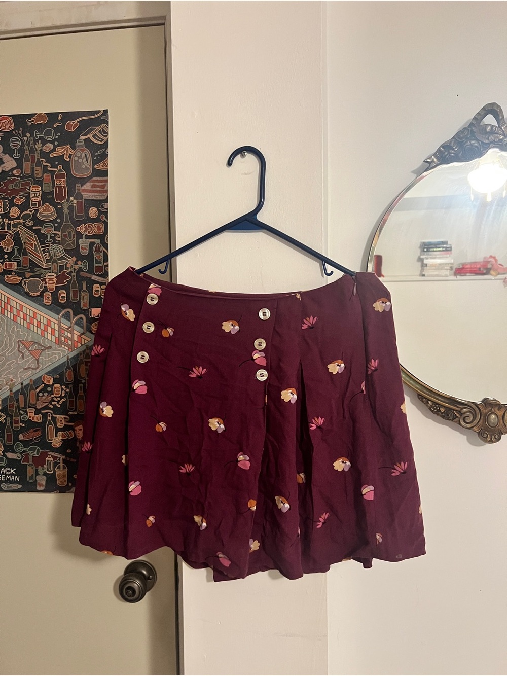 Free People Burgundy Floral Button Mini Skirt